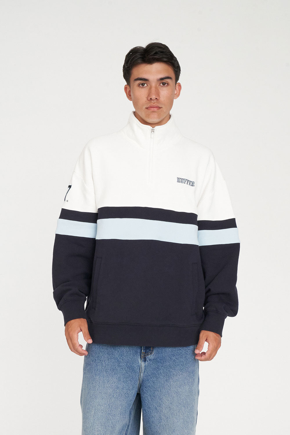 Huffer Panel 1/4 Zip/Check Navy/Blue/Chalk